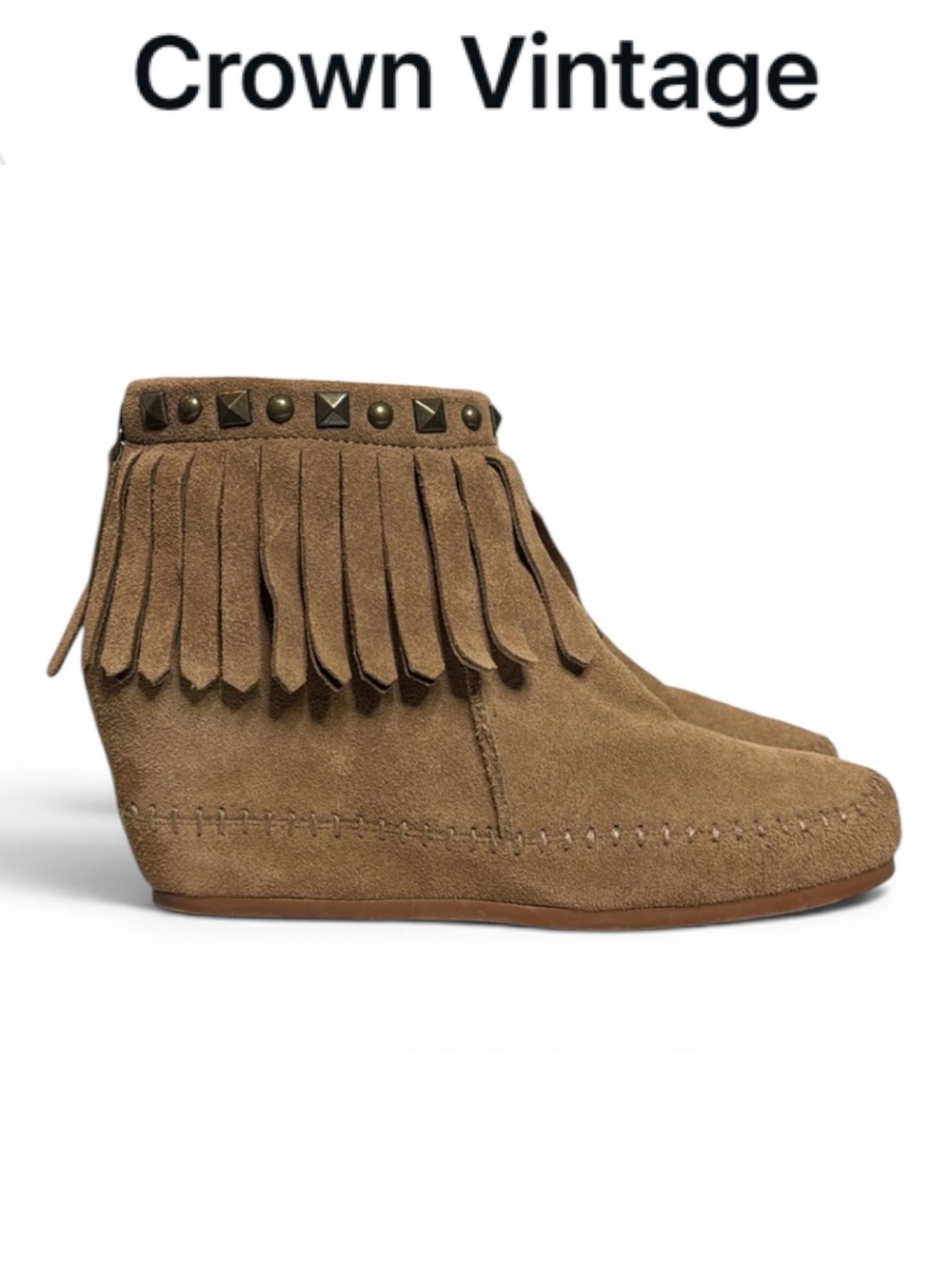 CROWN VINTAGE RANCHERO FRINGE STUDDED SUEDE BOOTS BOHO WESTERN SIZE 8.5